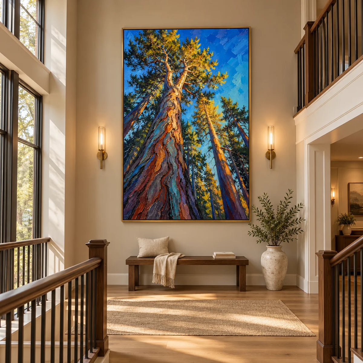 Towering Pine Forest Oil Painting, Hand Painted Textured Woodland Landscape Wall Art with Blue Sky and Golden Sunlight | Ownanart