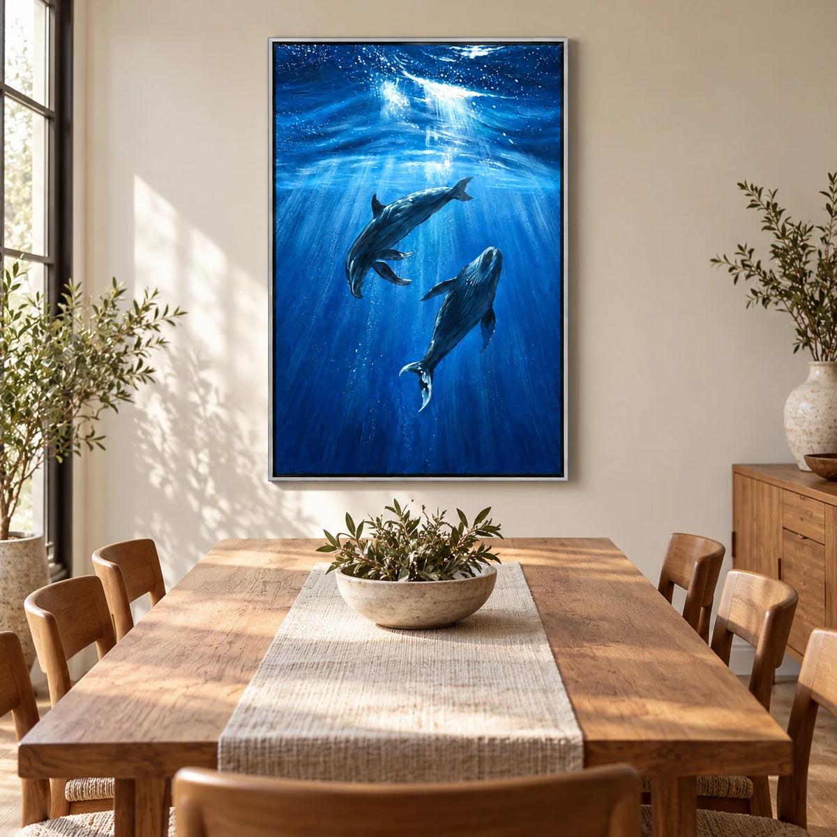 Two Dolphins Underwater Oil Painting | Blue Ocean Sunrays and Swimming Marine Animals Vertical Wall Art #OA 1715