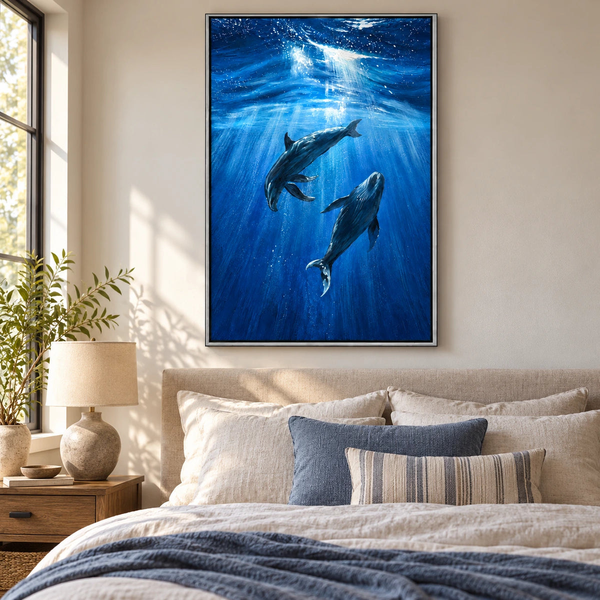 Two Dolphins Underwater Oil Painting | Blue Ocean Sunrays and Swimming Marine Animals Vertical Wall Art #OA 1715