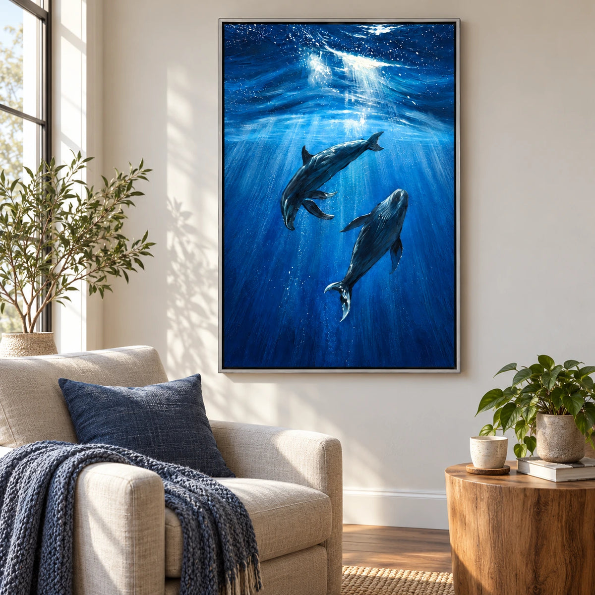 Two Dolphins Underwater Oil Painting | Blue Ocean Sunrays and Swimming Marine Animals Vertical Wall Art #OA 1715
