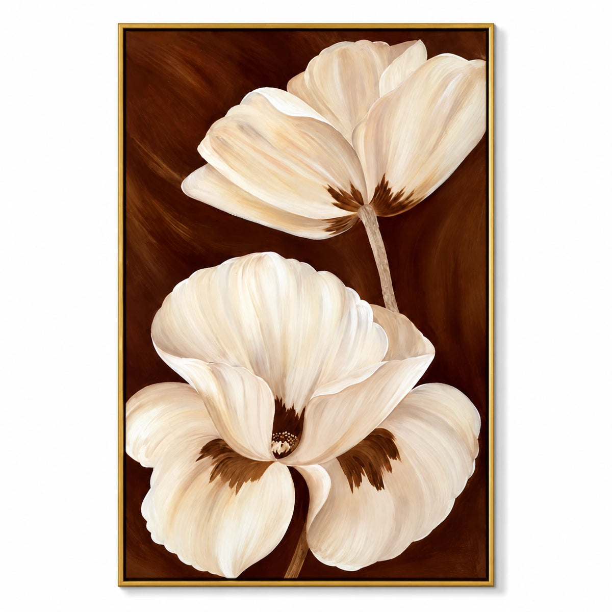 Two Ivory Flowers on Brown Oil Painting | Large Cream Petals Gold Frame Vertical Botanical Wall Art OA 1750