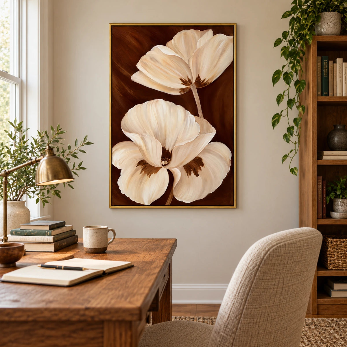 Two Ivory Flowers on Brown Oil Painting | Large Cream Petals Gold Frame Vertical Botanical Wall Art OA 1750