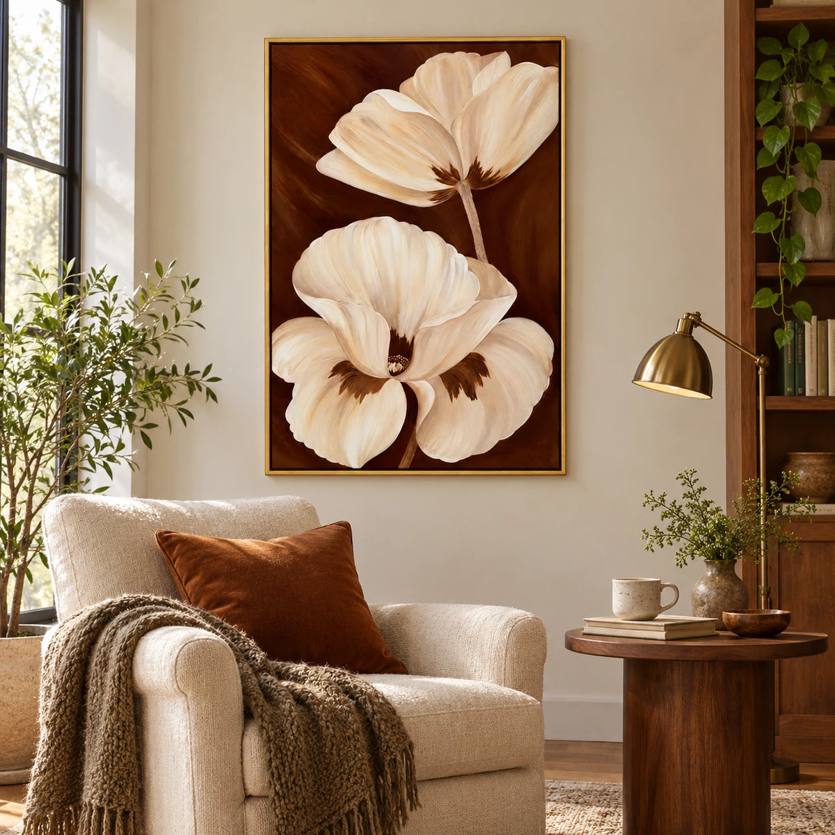 Two Ivory Flowers on Brown Oil Painting | Large Cream Petals Gold Frame Vertical Botanical Wall Art OA 1750