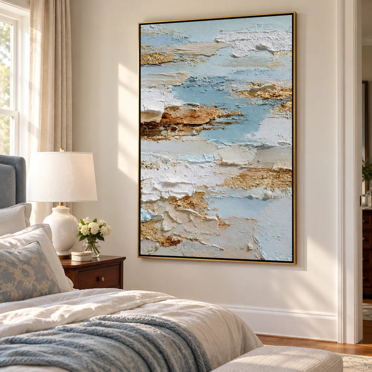 Vertical Abstract Coastal Canvas Wall Art – Light Blue & Neutral Texture Seascape Painting for Modern Home Decor