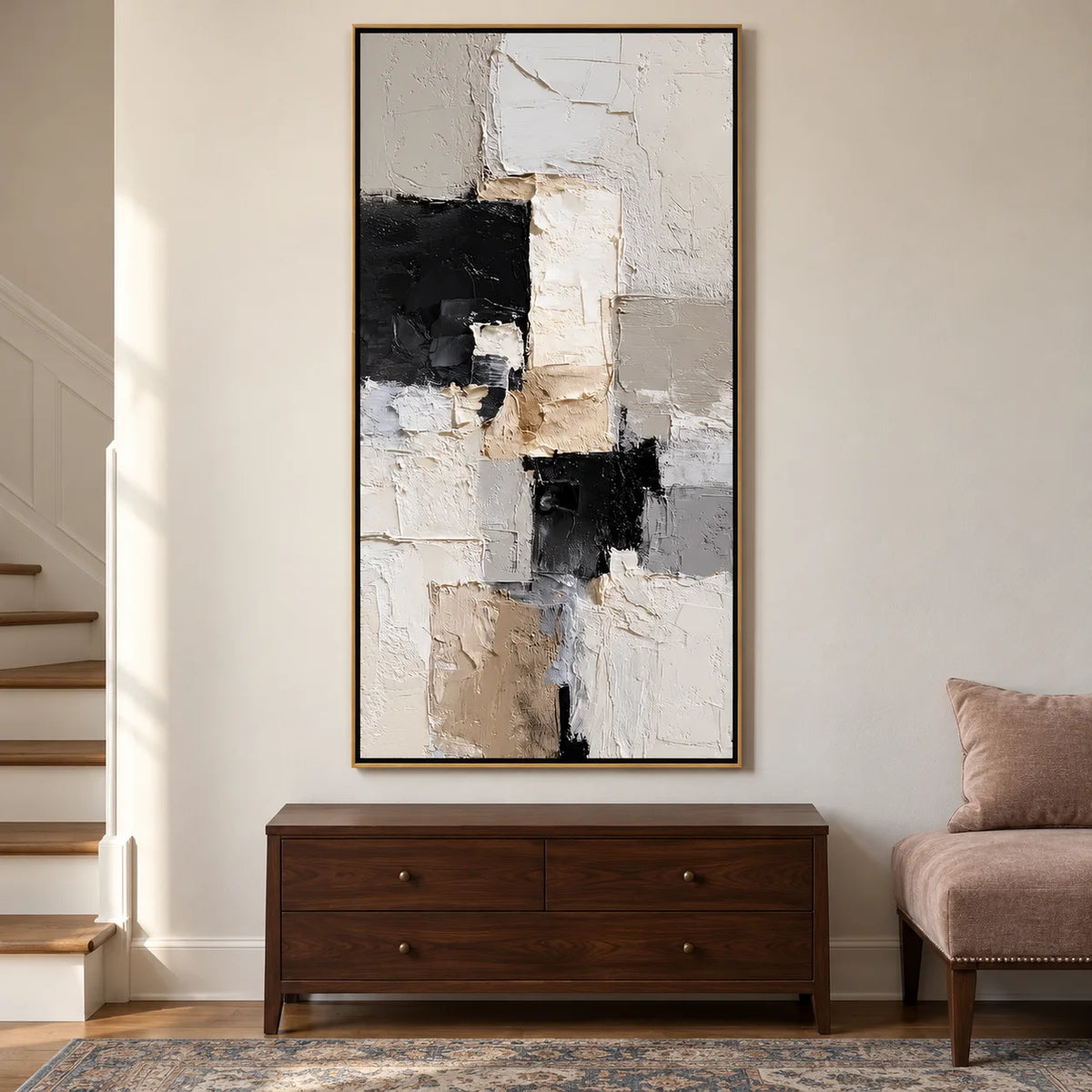 Vertical Neutral Abstract Canvas Wall Art – Textured Black White Beige Minimalist Painting for Modern Home Decor