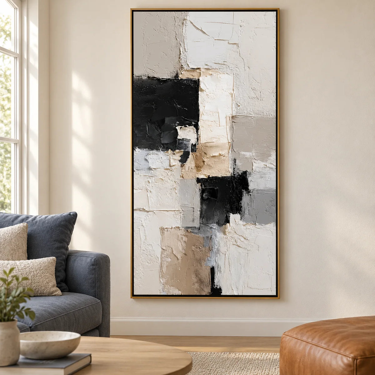 Vertical Neutral Abstract Canvas Wall Art – Textured Black White Beige Minimalist Painting for Modern Home Decor