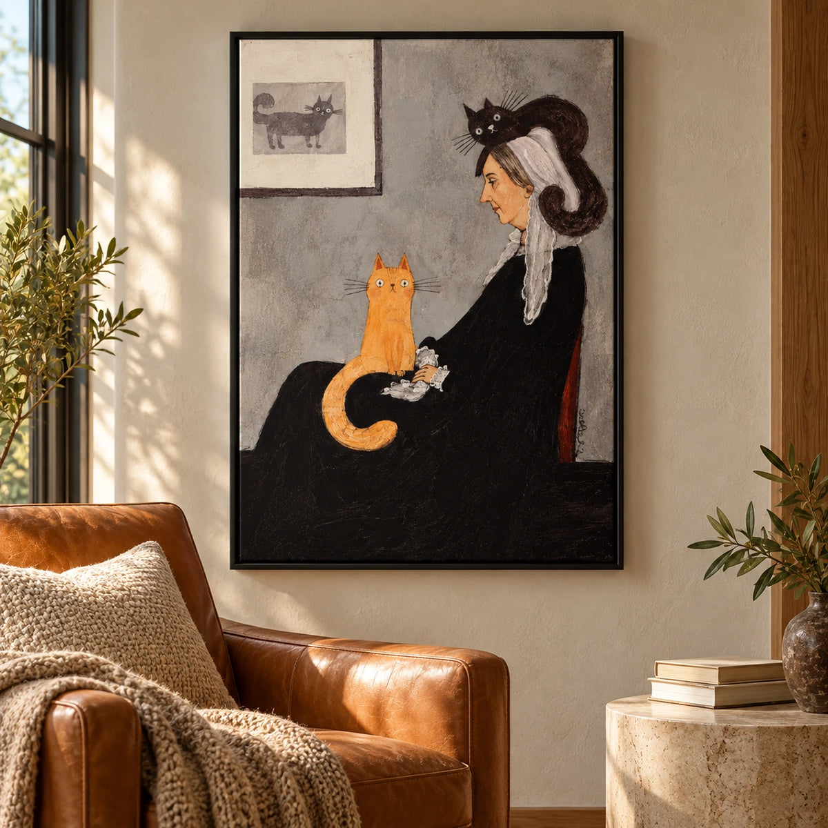 Victorian Woman with Orange and Black Cats Oil Painting | Whimsical Folk Portrait Wall Art #OA 1628