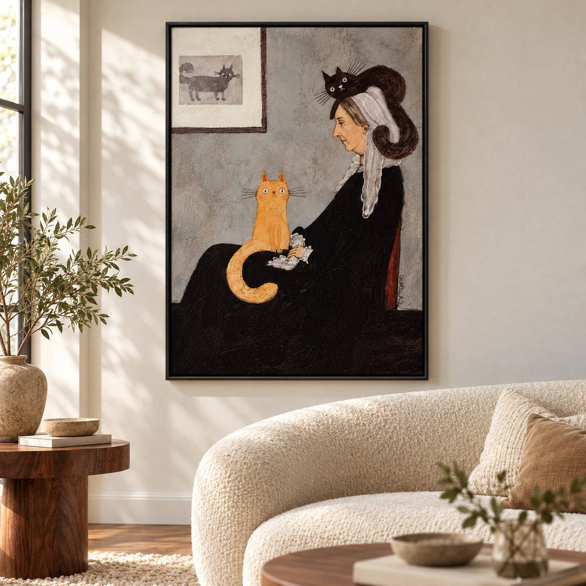 Victorian Woman with Orange and Black Cats Oil Painting | Whimsical Folk Portrait Wall Art #OA 1628