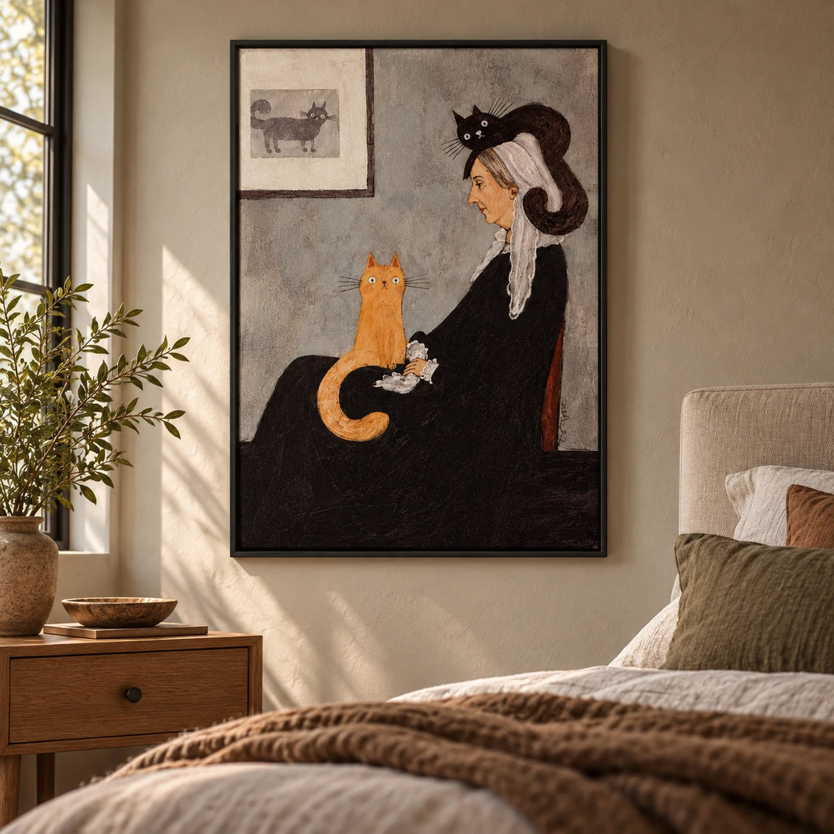 Victorian Woman with Orange and Black Cats Oil Painting | Whimsical Folk Portrait Wall Art #OA 1628