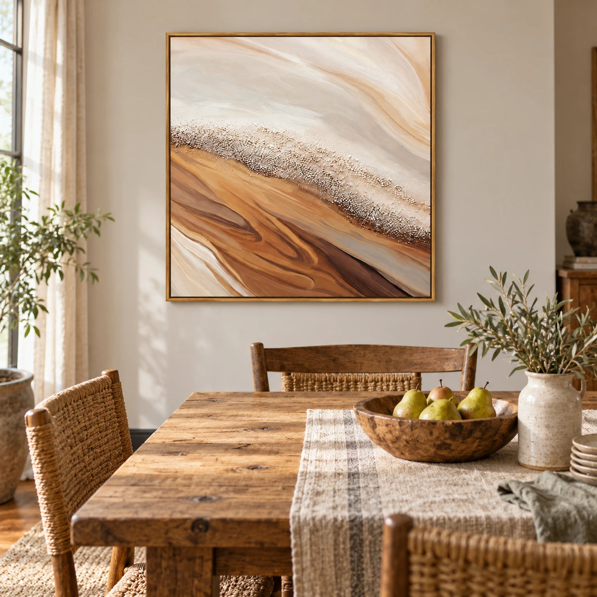 Warm Beige Shoreline Oil Painting | Brown Flowing Sand and White Pebble Texture Square Coastal Abstract Wall Art OA 1769