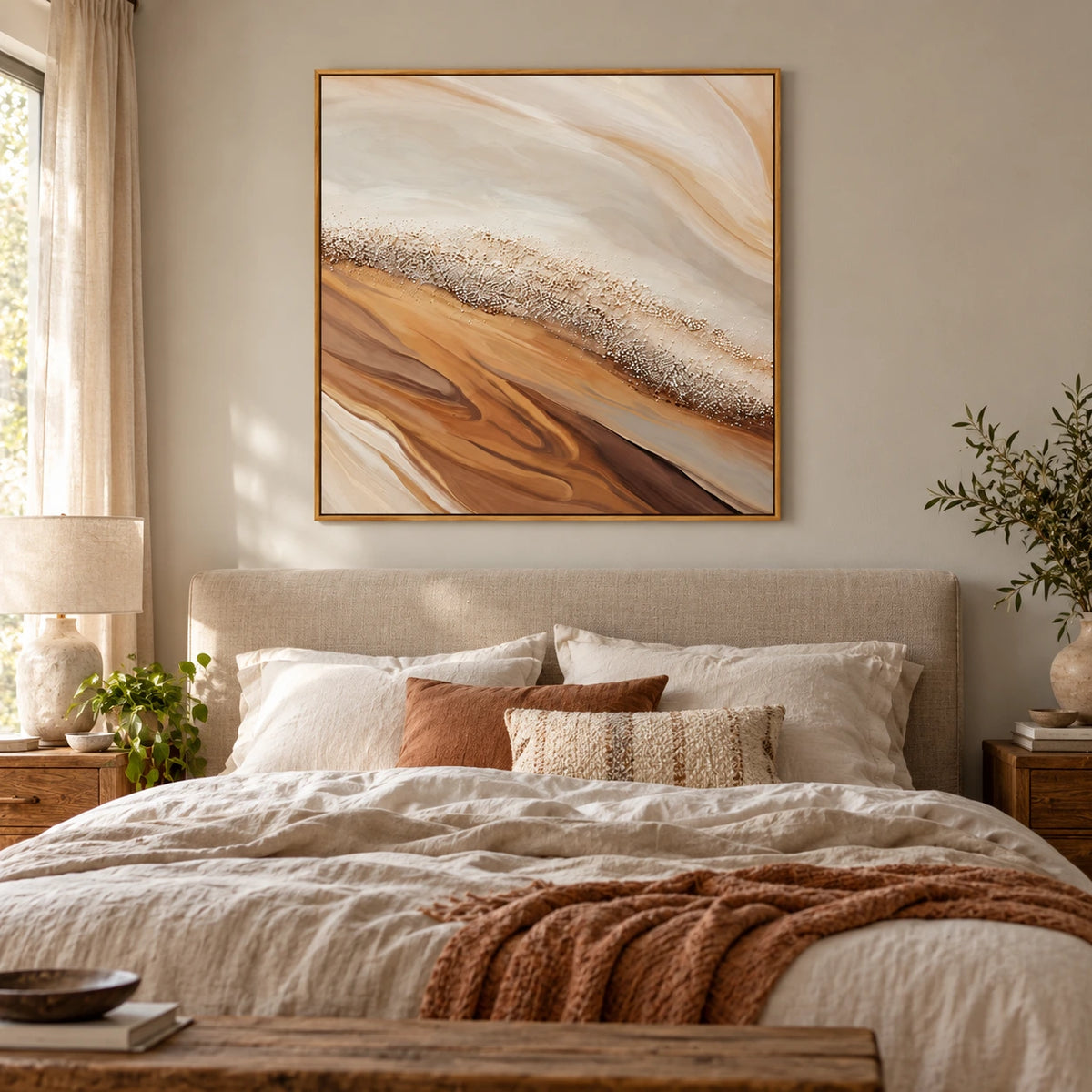 Warm Beige Shoreline Oil Painting | Brown Flowing Sand and White Pebble Texture Square Coastal Abstract Wall Art OA 1769