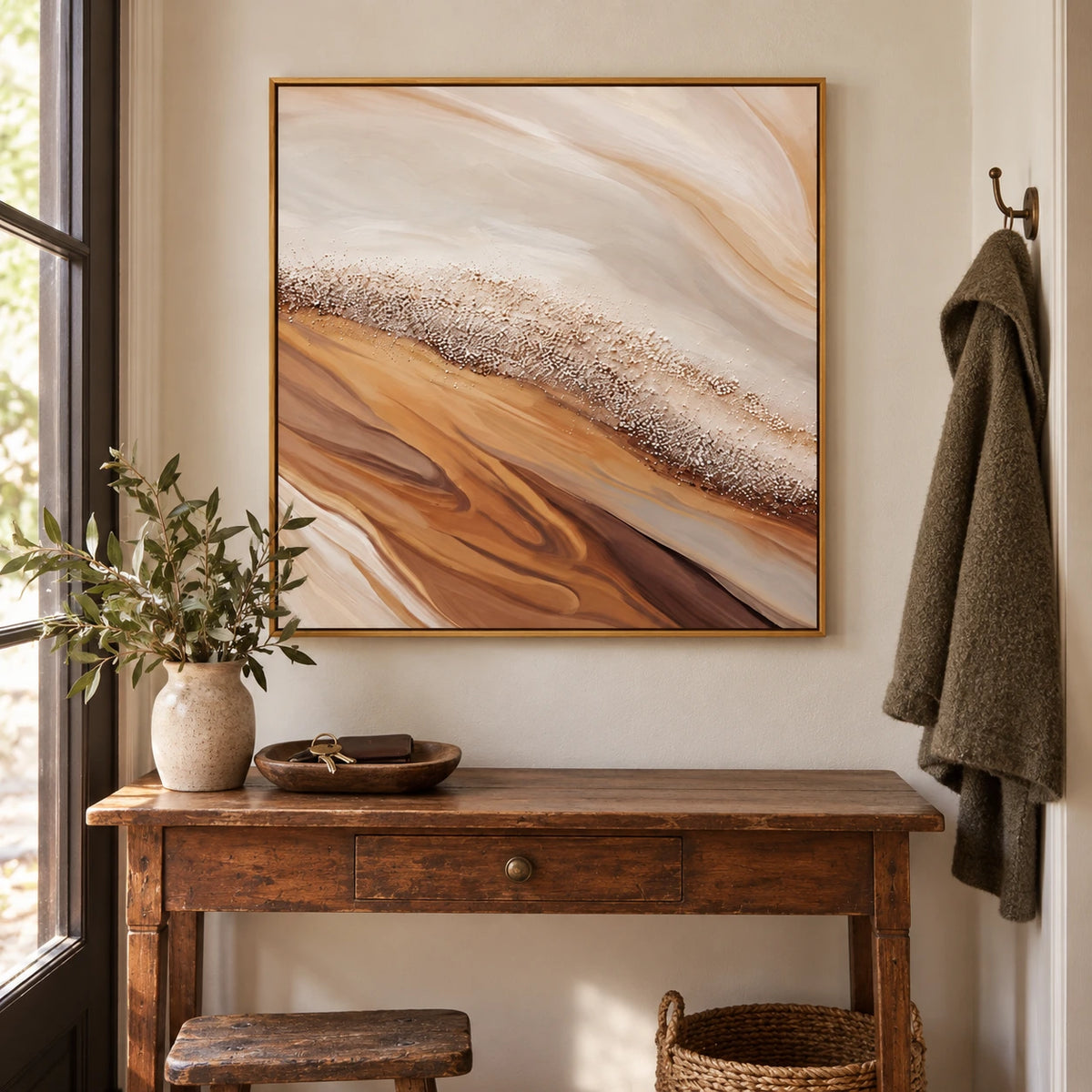 Warm Beige Shoreline Oil Painting | Brown Flowing Sand and White Pebble Texture Square Coastal Abstract Wall Art OA 1769