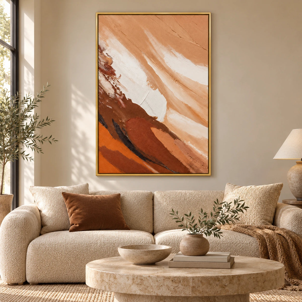 Warm Earth Tone Abstract Oil Painting | Peach Cream Rust Brown and Black Diagonal Brushwork Vertical Wall Art #OA 1721