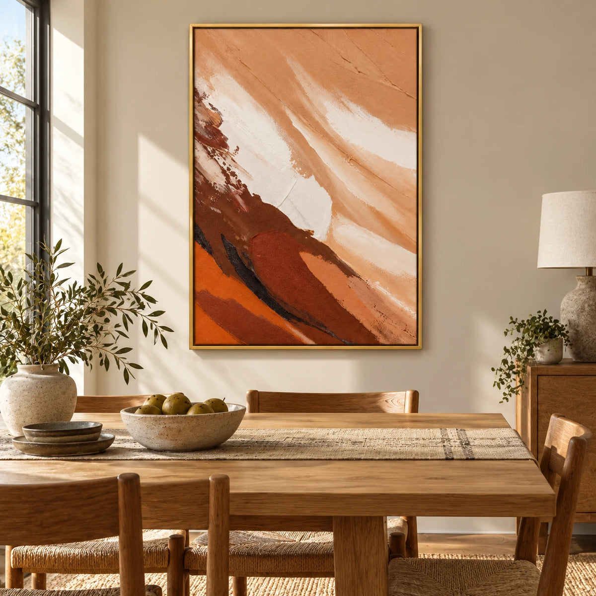 Warm Earth Tone Abstract Oil Painting | Peach Cream Rust Brown and Black Diagonal Brushwork Vertical Wall Art #OA 1721