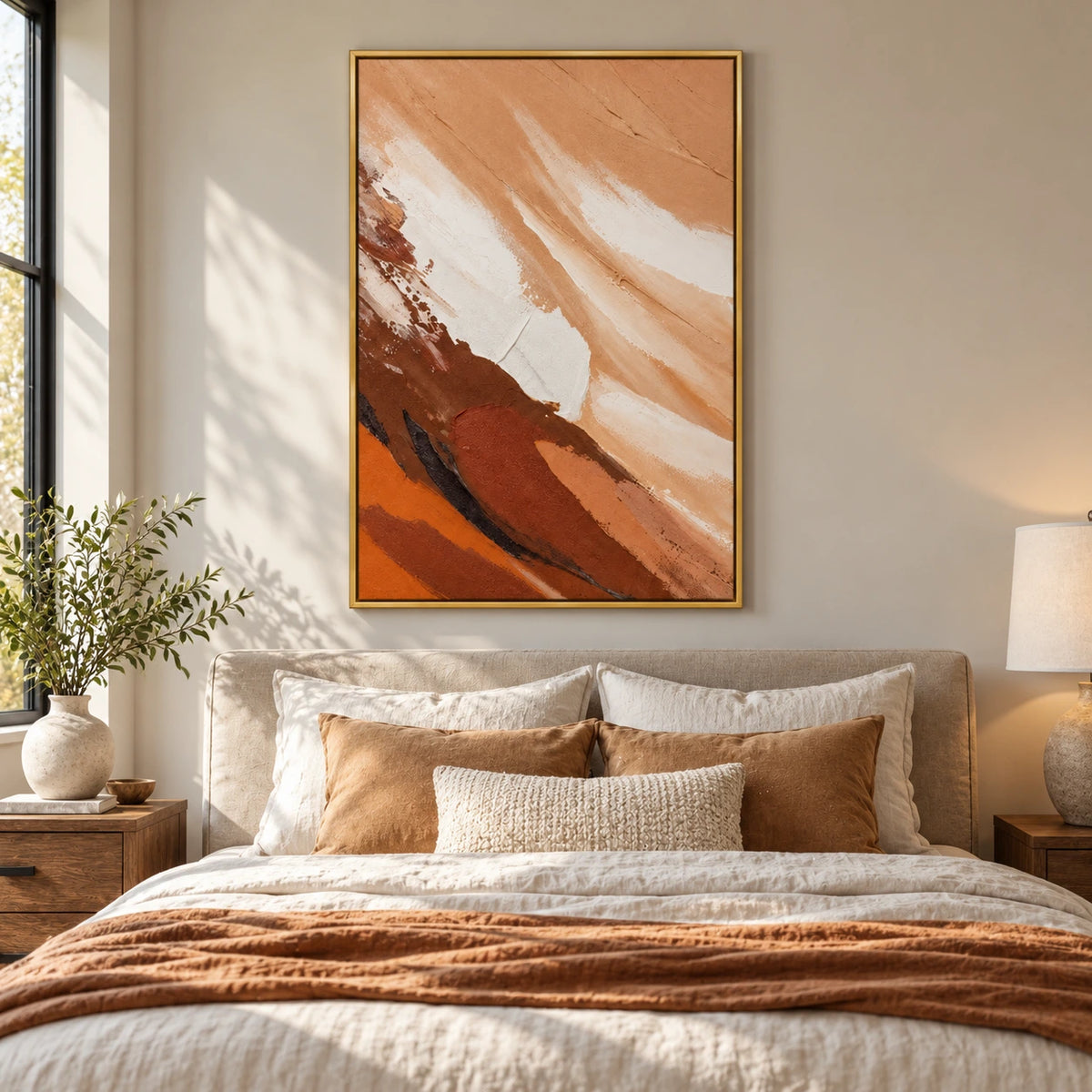 Warm Earth Tone Abstract Oil Painting | Peach Cream Rust Brown and Black Diagonal Brushwork Vertical Wall Art #OA 1721