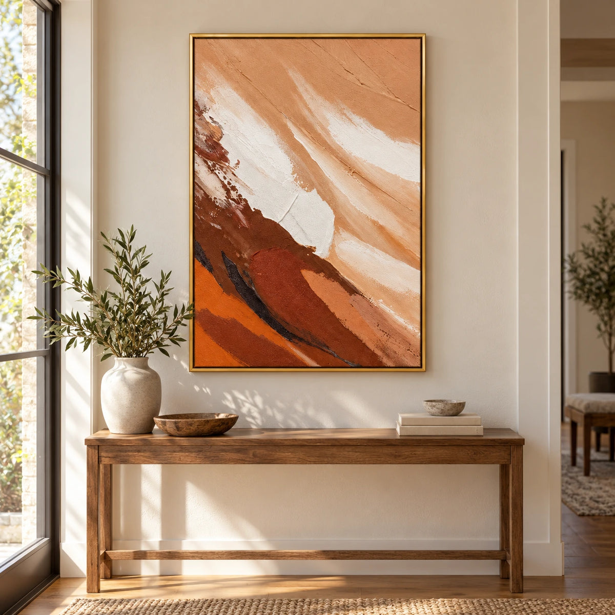 Warm Earth Tone Abstract Oil Painting | Peach Cream Rust Brown and Black Diagonal Brushwork Vertical Wall Art #OA 1721