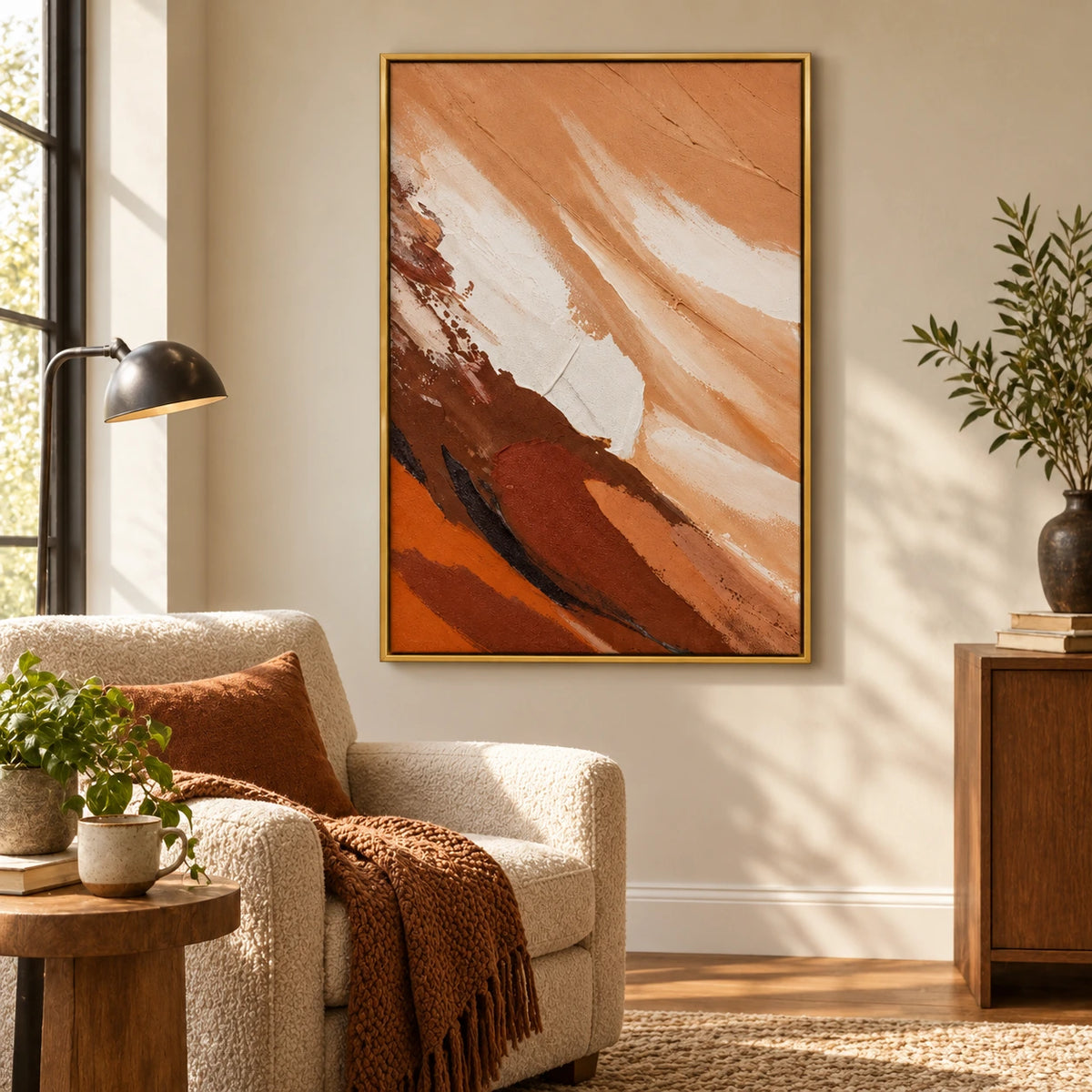 Warm Earth Tone Abstract Oil Painting | Peach Cream Rust Brown and Black Diagonal Brushwork Vertical Wall Art #OA 1721