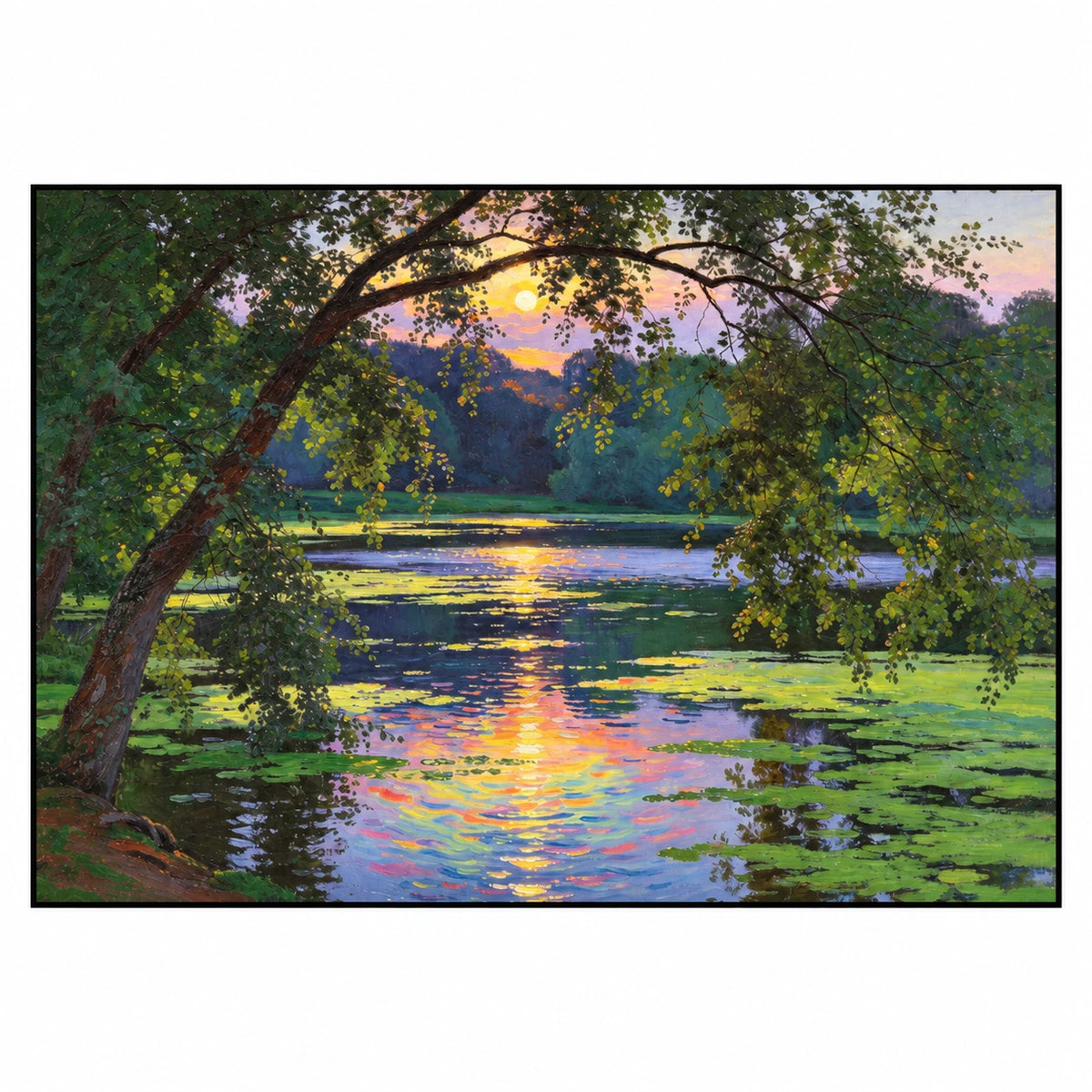 Water Lily Pond at Sunset Oil Painting | Overhanging Trees and Colorful Reflections Horizontal Landscape Wall Art #OA 1825