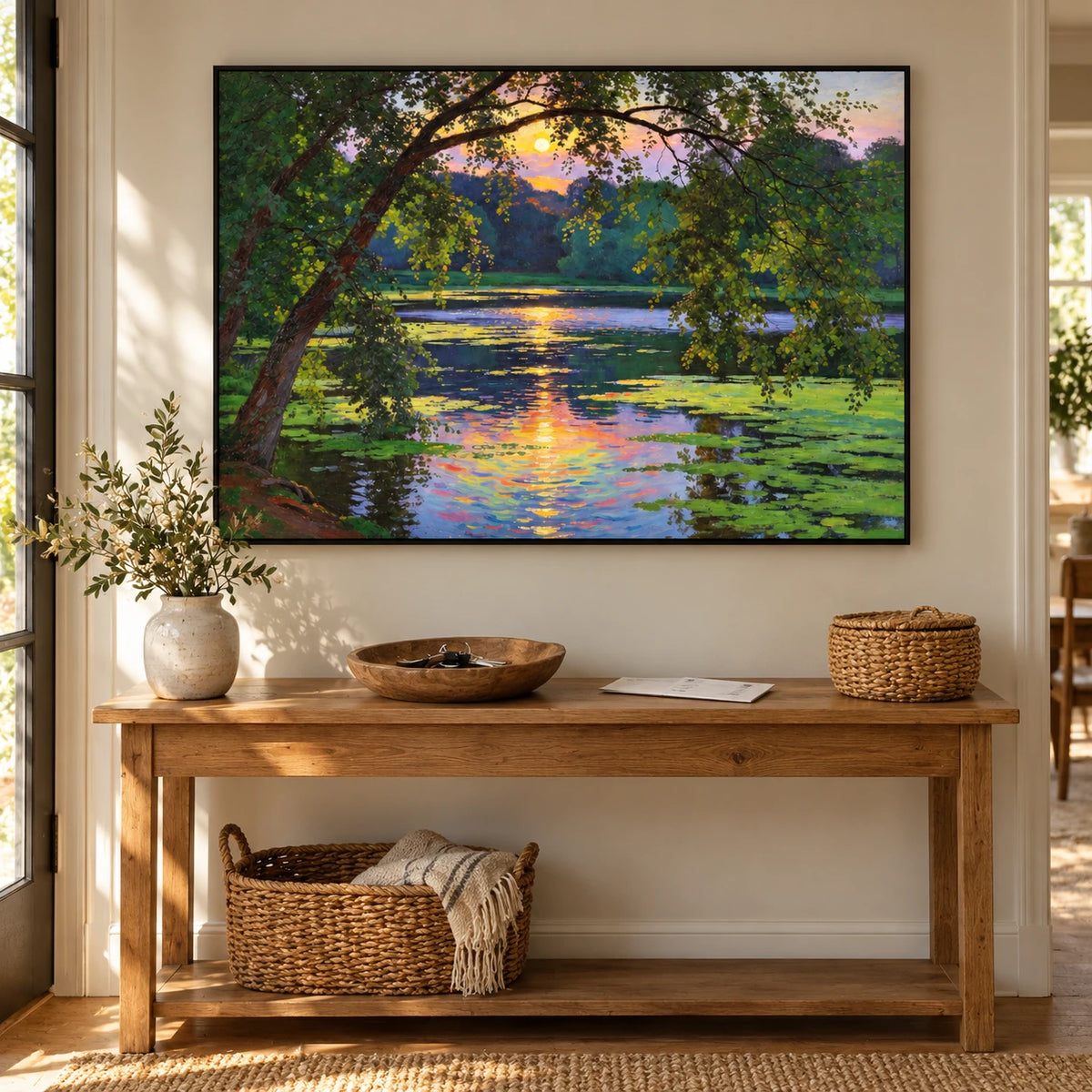Water Lily Pond at Sunset Oil Painting | Overhanging Trees and Colorful Reflections Horizontal Landscape Wall Art #OA 1825