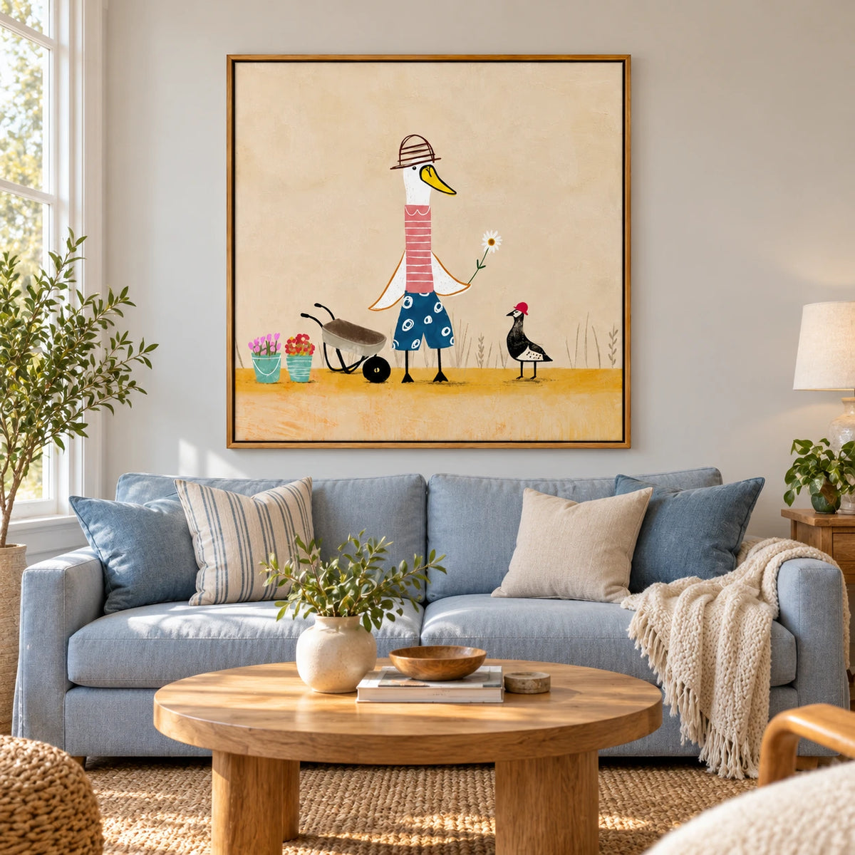 Whimsical Duck Gardener Oil Painting | Bird with Daisy Wheelbarrow and Potted Flowers Square Wall Art #OA 1700