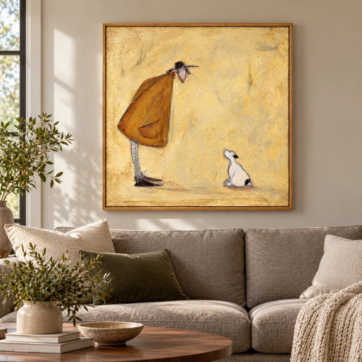 Whimsical Man and Small White Dog Oil Painting | Ochre Coat Pale Yellow Background Square Figurative Folk Wall Art #OA 1733