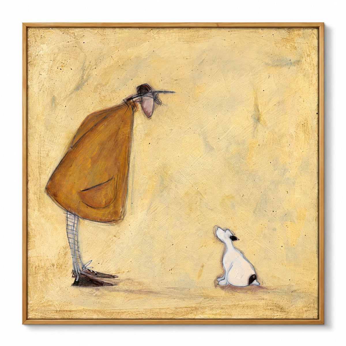 Whimsical Man and Small White Dog Oil Painting | Ochre Coat Pale Yellow Background Square Figurative Folk Wall Art #OA 1733