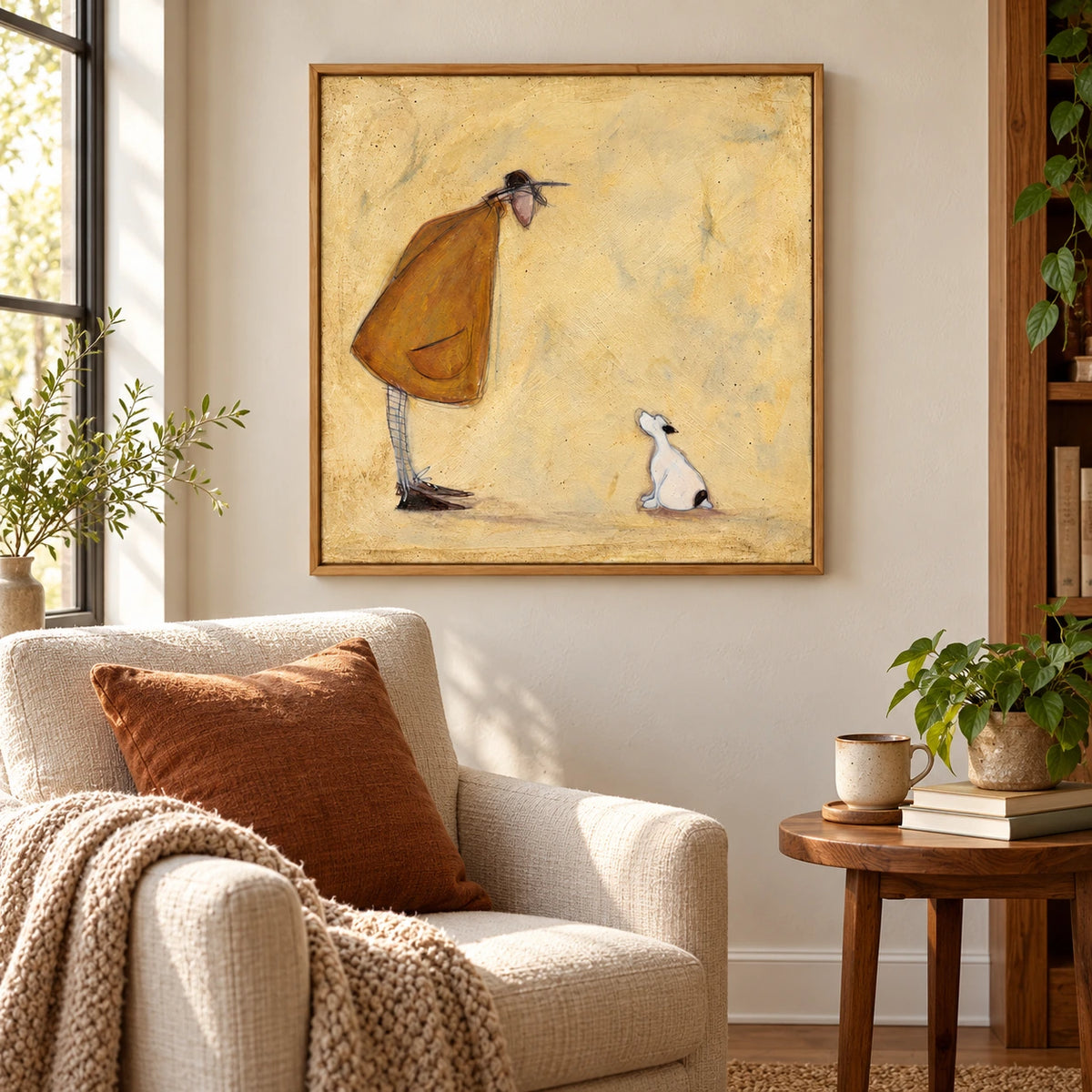 Whimsical Man and Small White Dog Oil Painting | Ochre Coat Pale Yellow Background Square Figurative Folk Wall Art #OA 1733