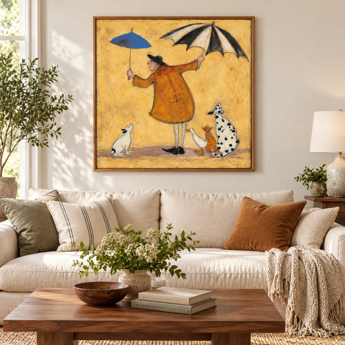 Whimsical Man with Two Umbrellas Oil Painting | Dogs Duck and Striped Cat on Yellow Square Figurative Folk Wall Art #OA 1726