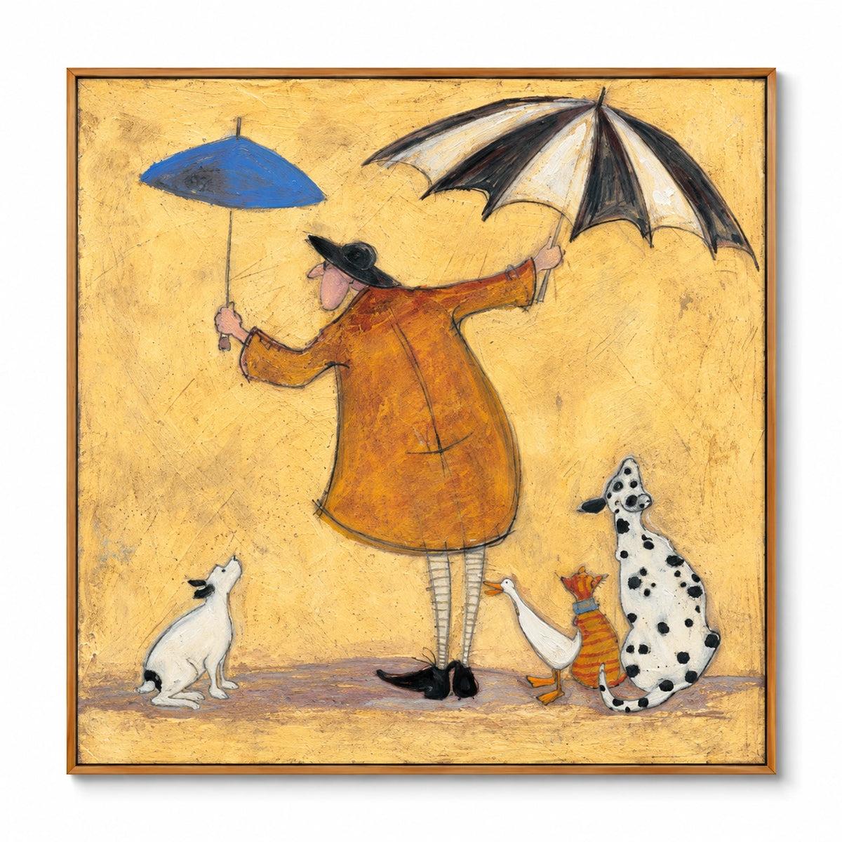 Whimsical Man with Two Umbrellas Oil Painting | Dogs Duck and Striped Cat on Yellow Square Figurative Folk Wall Art #OA 1726