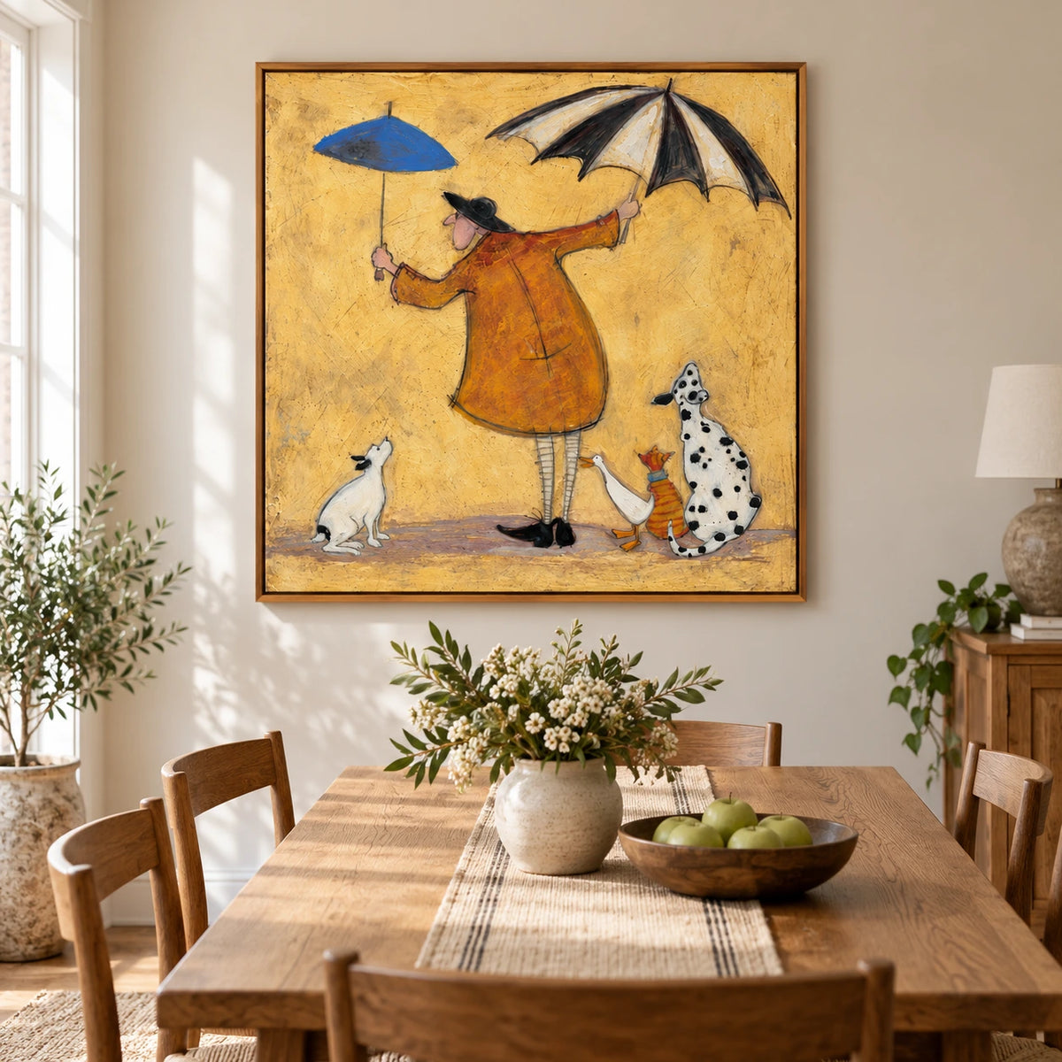 Whimsical Man with Two Umbrellas Oil Painting | Dogs Duck and Striped Cat on Yellow Square Figurative Folk Wall Art #OA 1726
