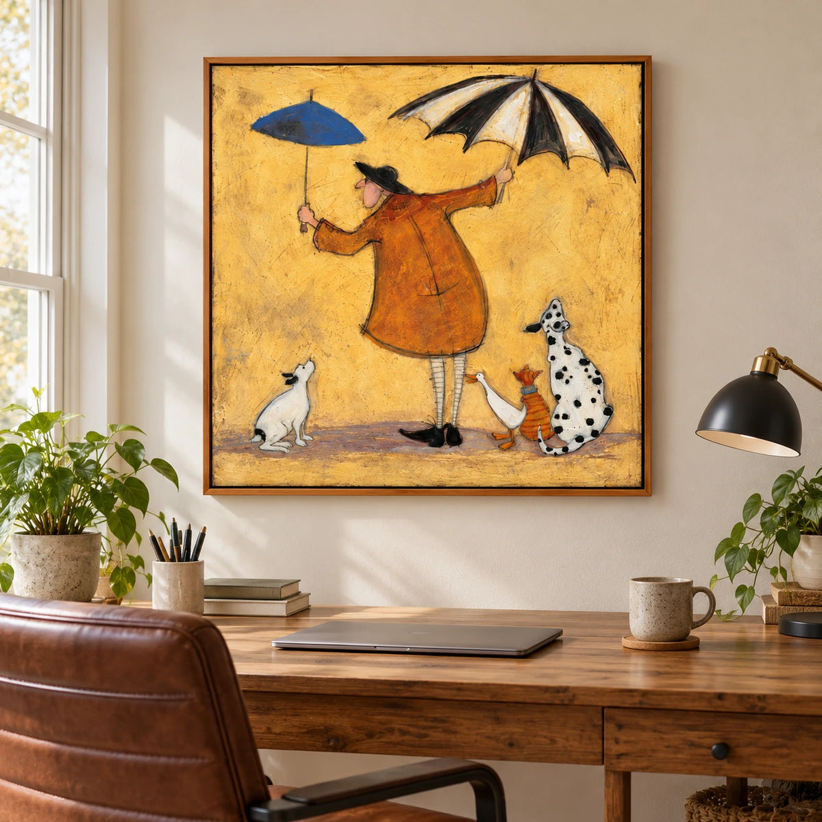 Whimsical Man with Two Umbrellas Oil Painting | Dogs Duck and Striped Cat on Yellow Square Figurative Folk Wall Art #OA 1726