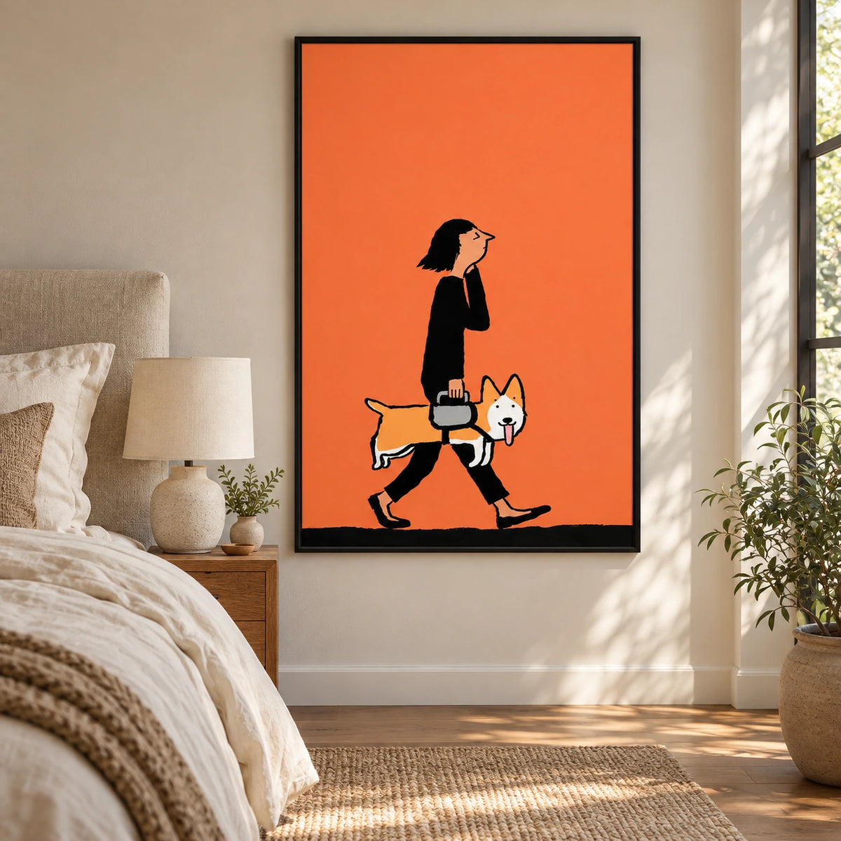 Whimsical Woman and Corgi Oil Painting | Orange Figurative Dog Wall Art #OA 1617