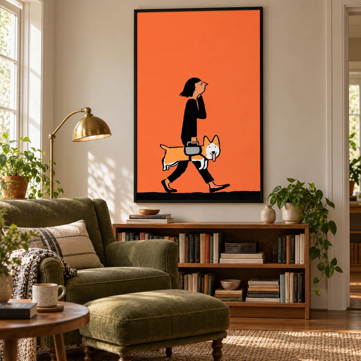 Whimsical Woman and Corgi Oil Painting | Orange Figurative Dog Wall Art #OA 1617
