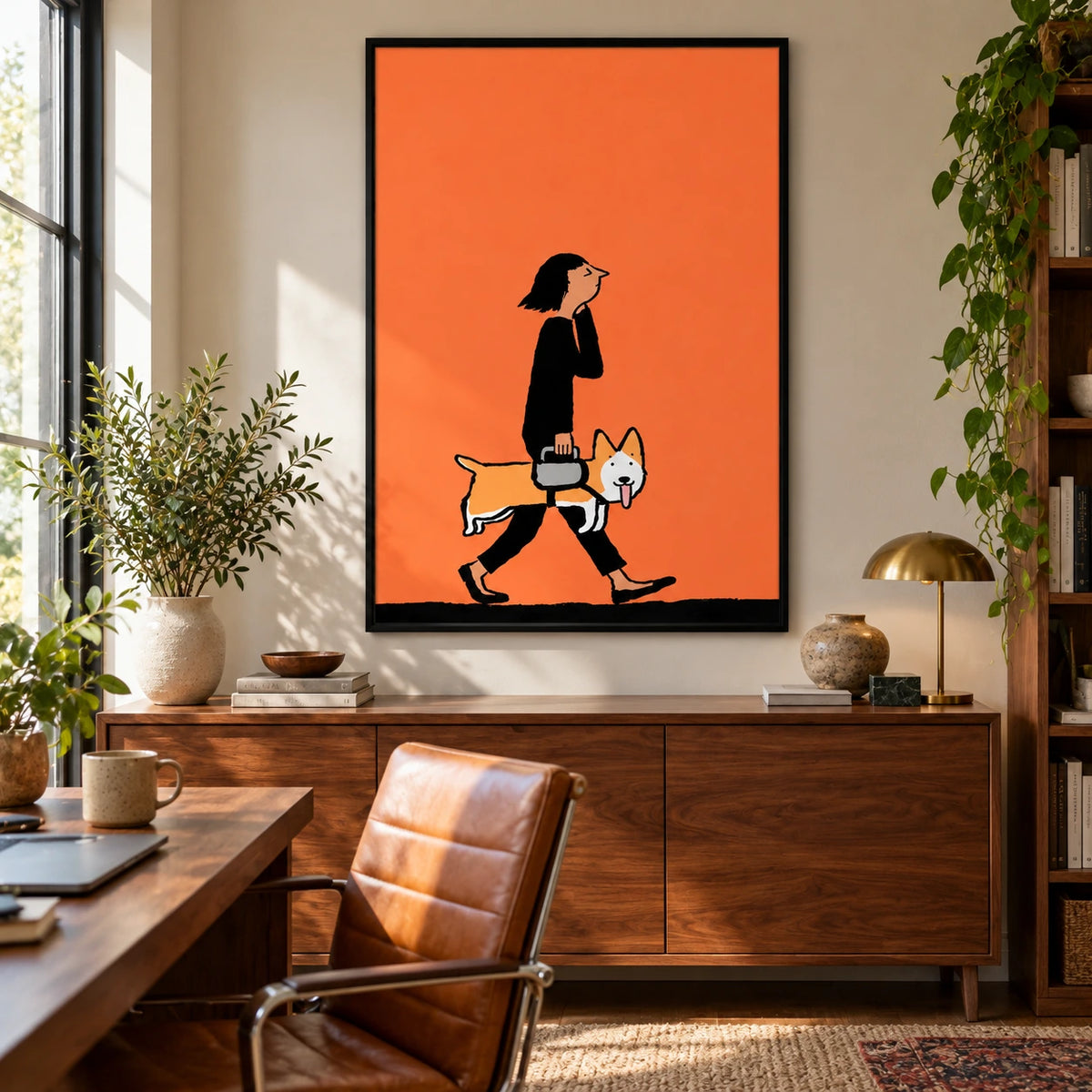 Whimsical Woman and Corgi Oil Painting | Orange Figurative Dog Wall Art #OA 1617