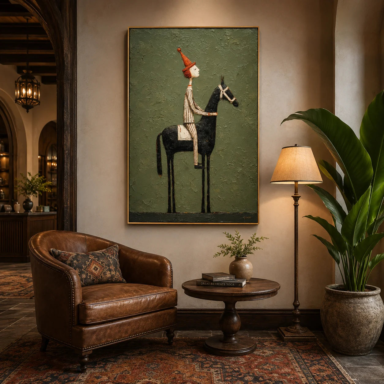 Whimsical Equestrian Hand-Painted Oil Painting, Textured Horse Rider Wall Art for Modern Eclectic Decor