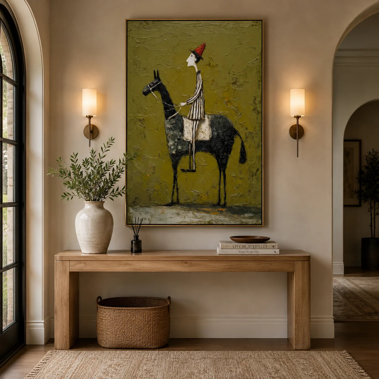 Whimsical Horse Rider Hand-Painted Oil Painting, Textured Green Wall Art for Eclectic Home Decor