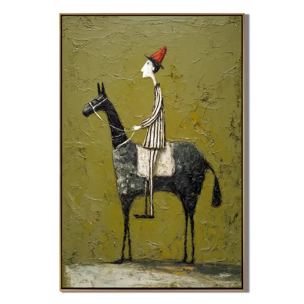 Whimsical Horse Rider Hand-Painted Oil Painting, Textured Green Wall Art for Eclectic Home Decor