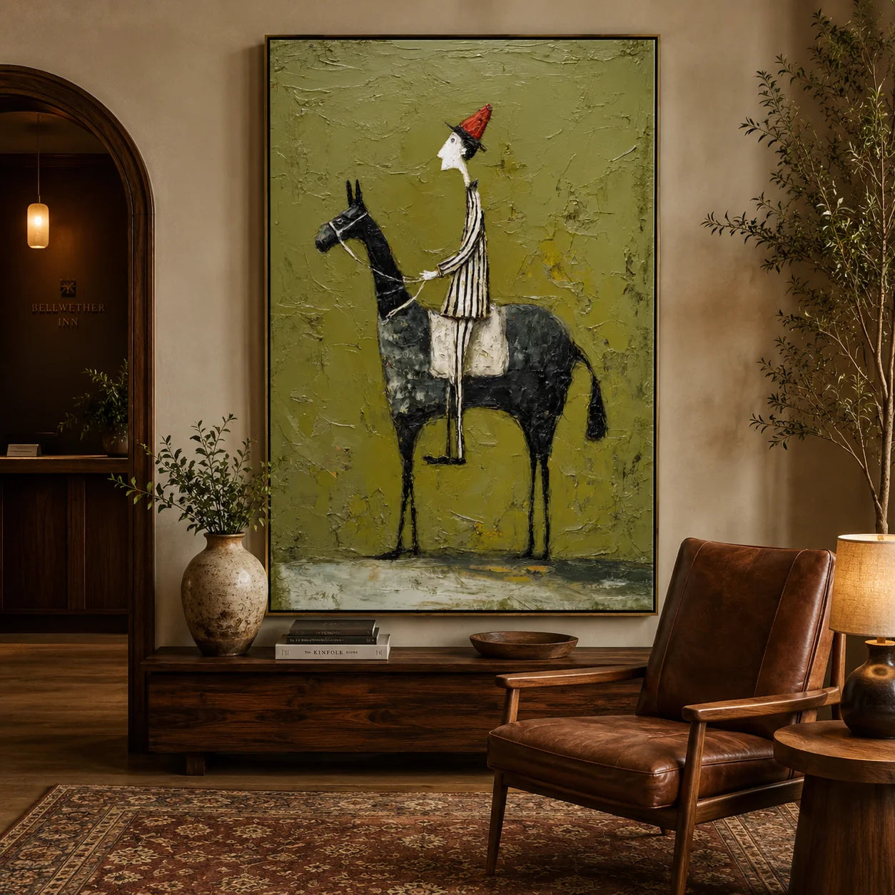 Whimsical Horse Rider Hand-Painted Oil Painting, Textured Green Wall Art for Eclectic Home Decor