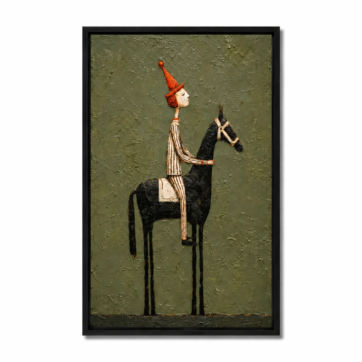 Whimsical Equestrian Hand-Painted Oil Painting, Textured Horse Rider Wall Art for Modern Eclectic Decor