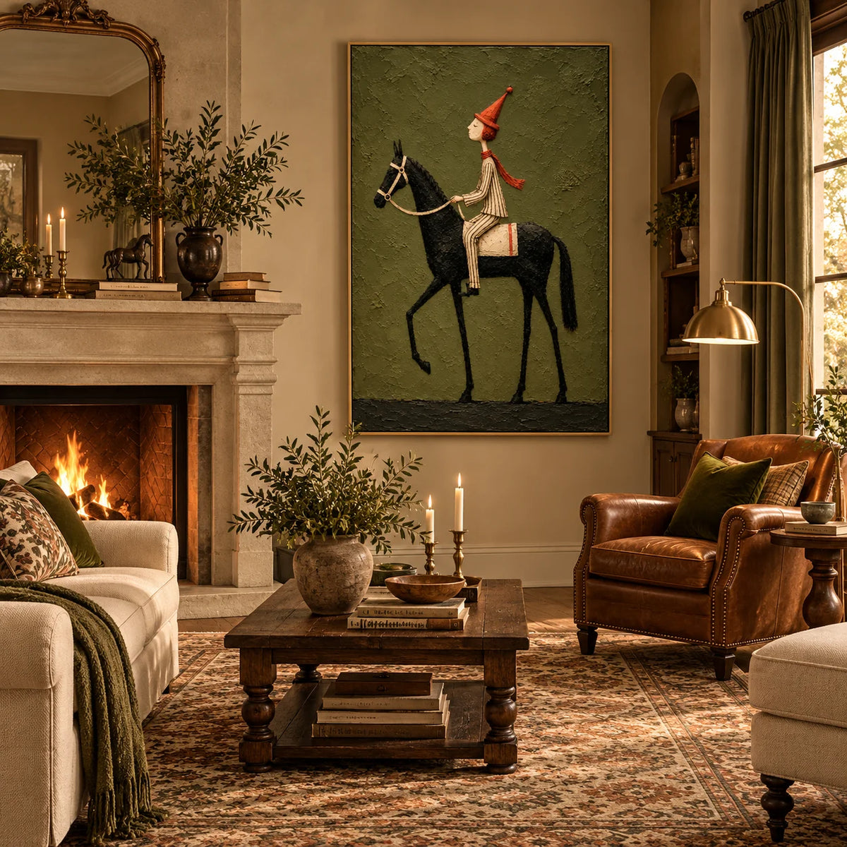 Whimsical Equestrian Horse Rider Oil Painting, Hand Painted Textured Black Horse Wall Art with Vintage Folk Style | Ownanart