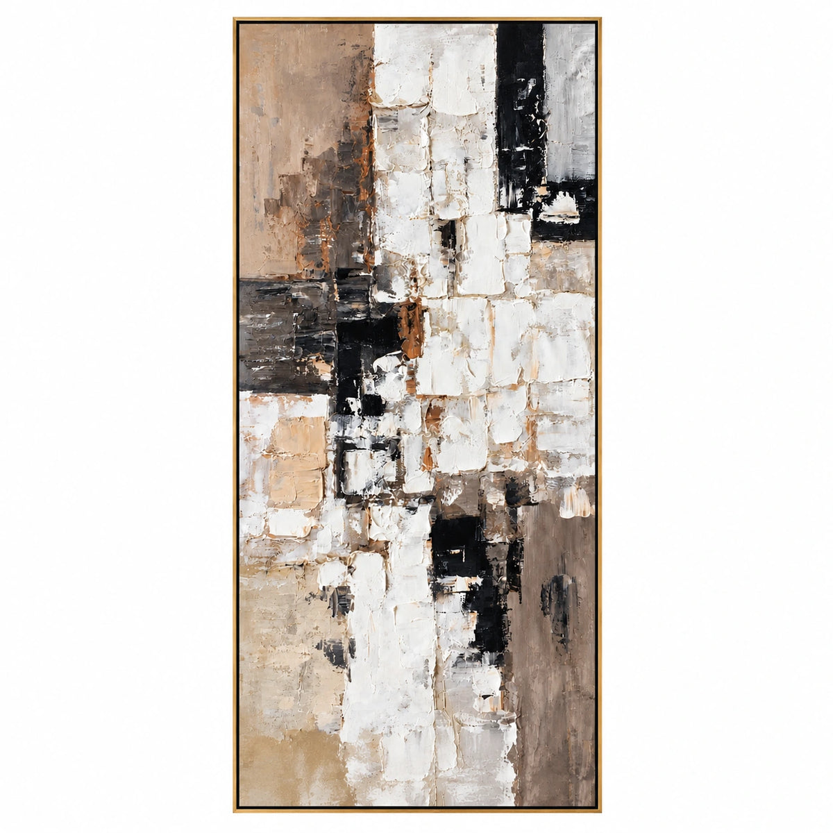White Beige and Black Geometric Oil Painting | Layered Rectangles Tall Vertical Neutral Abstract Wall Art OA 1782