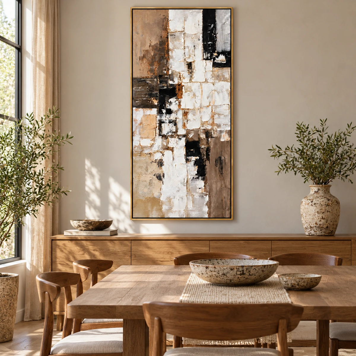 White Beige and Black Geometric Oil Painting | Layered Rectangles Tall Vertical Neutral Abstract Wall Art OA 1782
