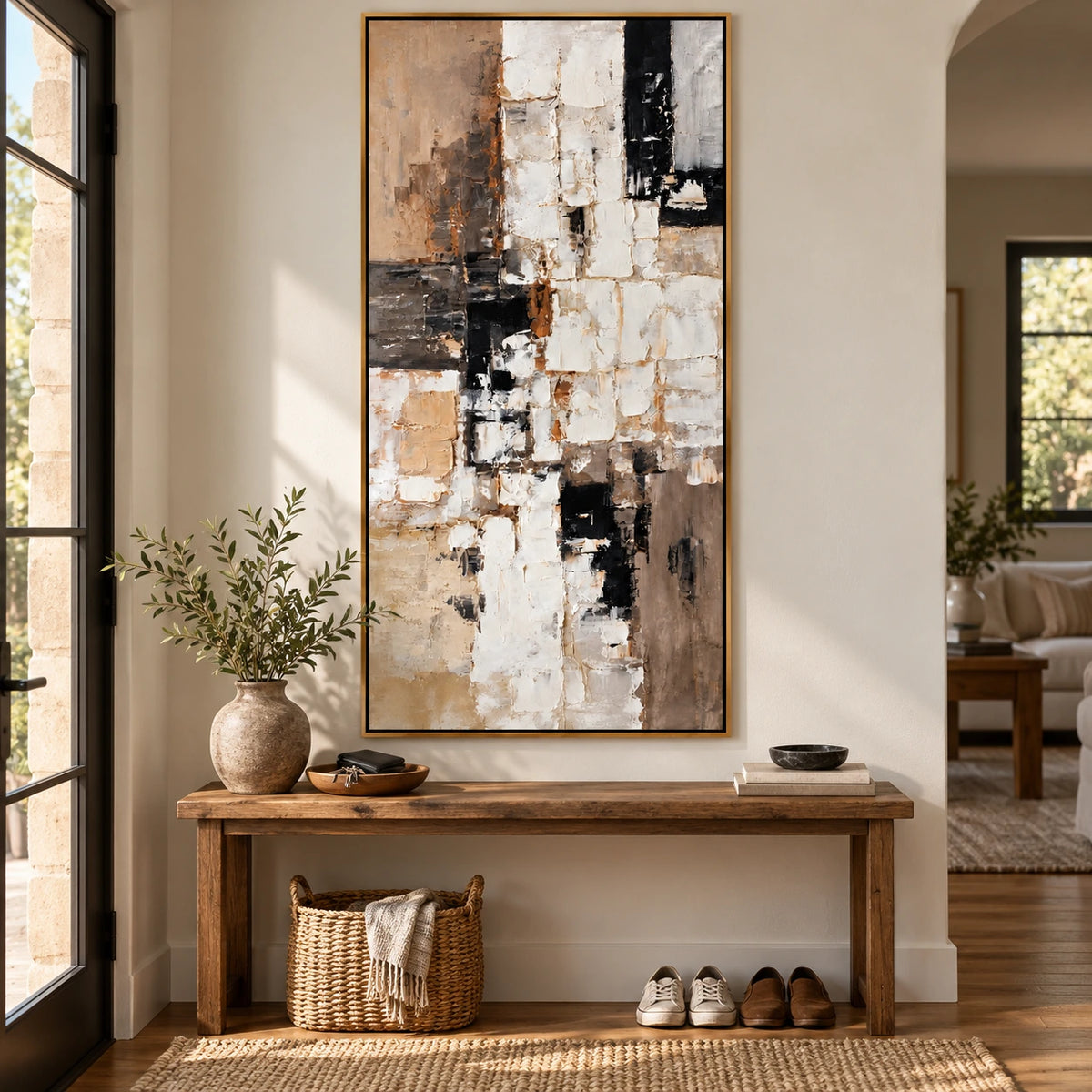 White Beige and Black Geometric Oil Painting | Layered Rectangles Tall Vertical Neutral Abstract Wall Art OA 1782