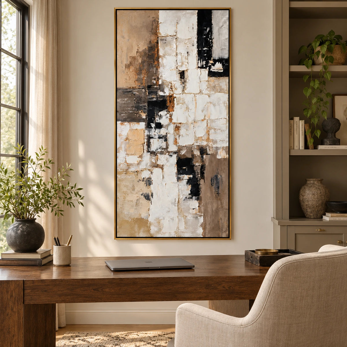 White Beige and Black Geometric Oil Painting | Layered Rectangles Tall Vertical Neutral Abstract Wall Art OA 1782