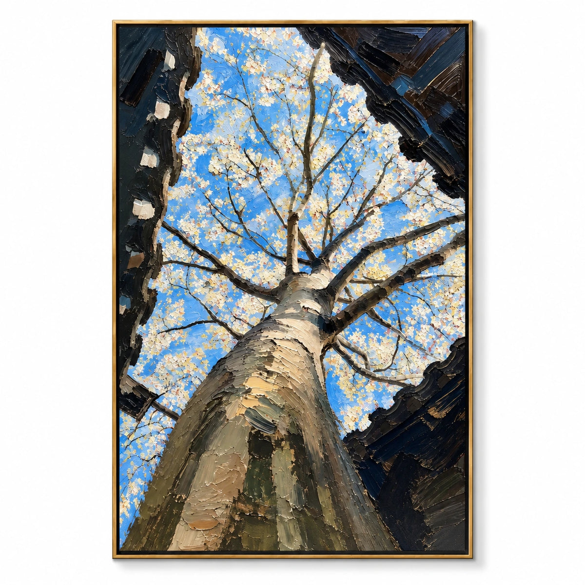White Blossom Tree from Below Oil Painting | Blue Sky and Dark Branches Textured Botanical Vertical Wall Art #OA 1656