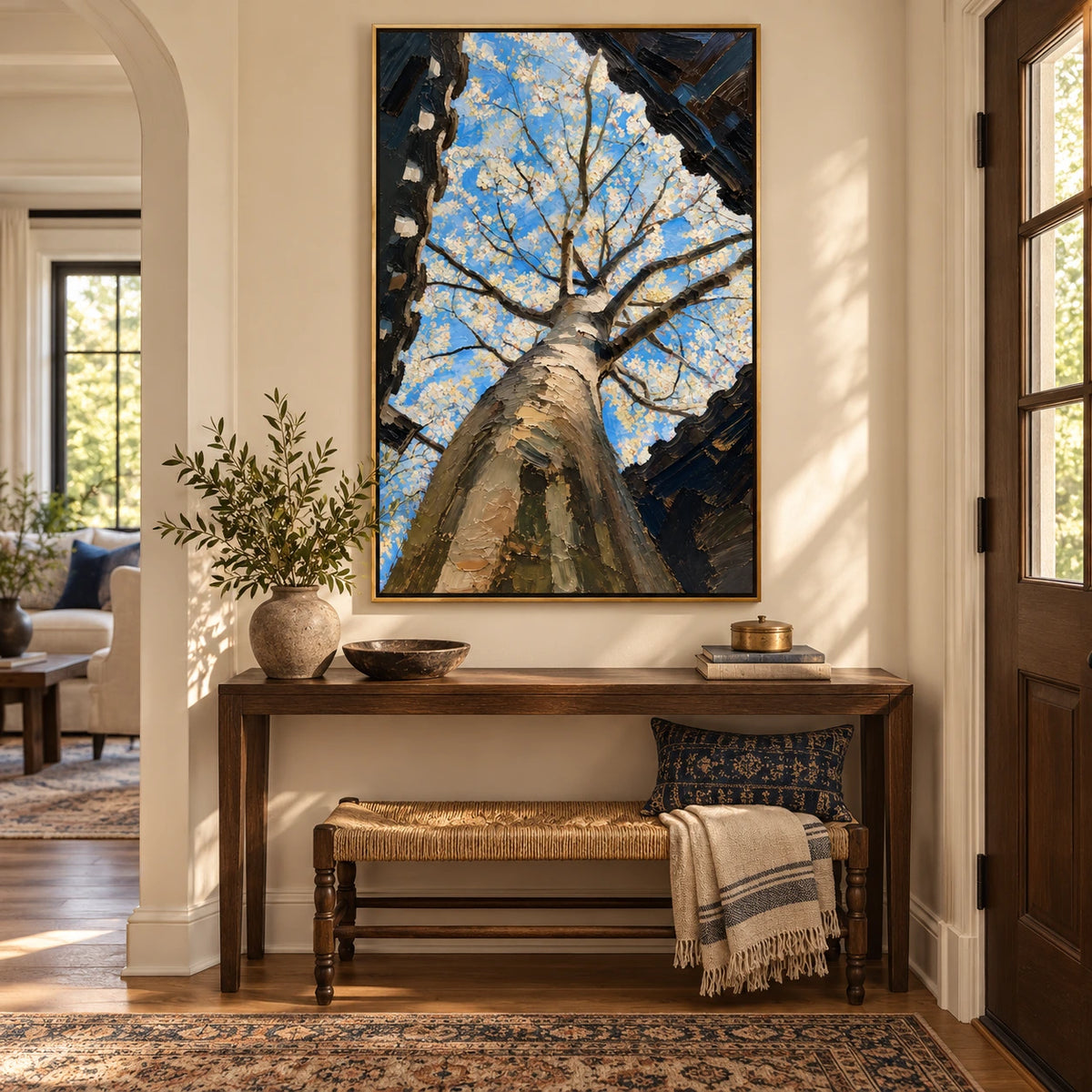 White Blossom Tree from Below Oil Painting | Blue Sky and Dark Branches Textured Botanical Vertical Wall Art #OA 1656