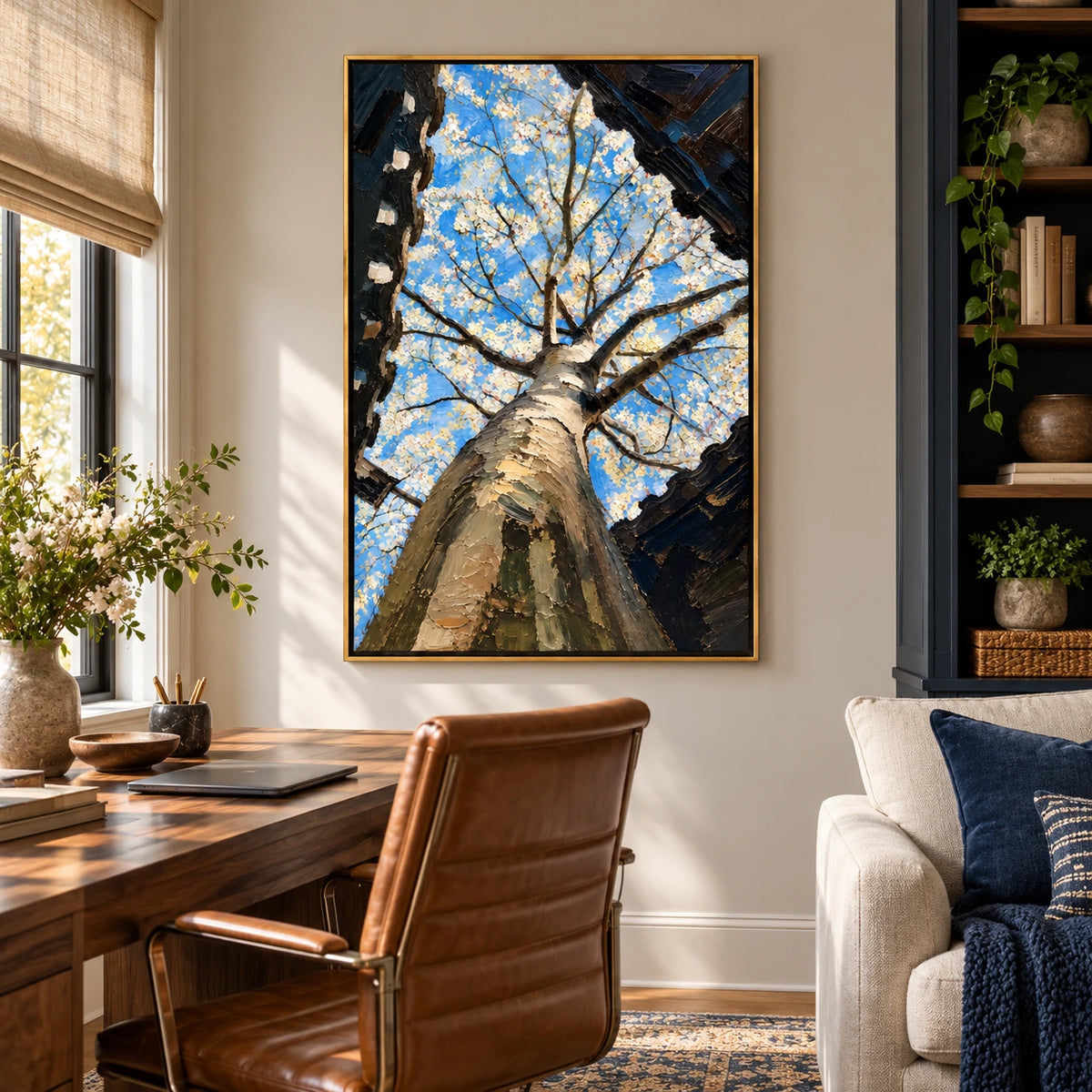 White Blossom Tree from Below Oil Painting | Blue Sky and Dark Branches Textured Botanical Vertical Wall Art #OA 1656