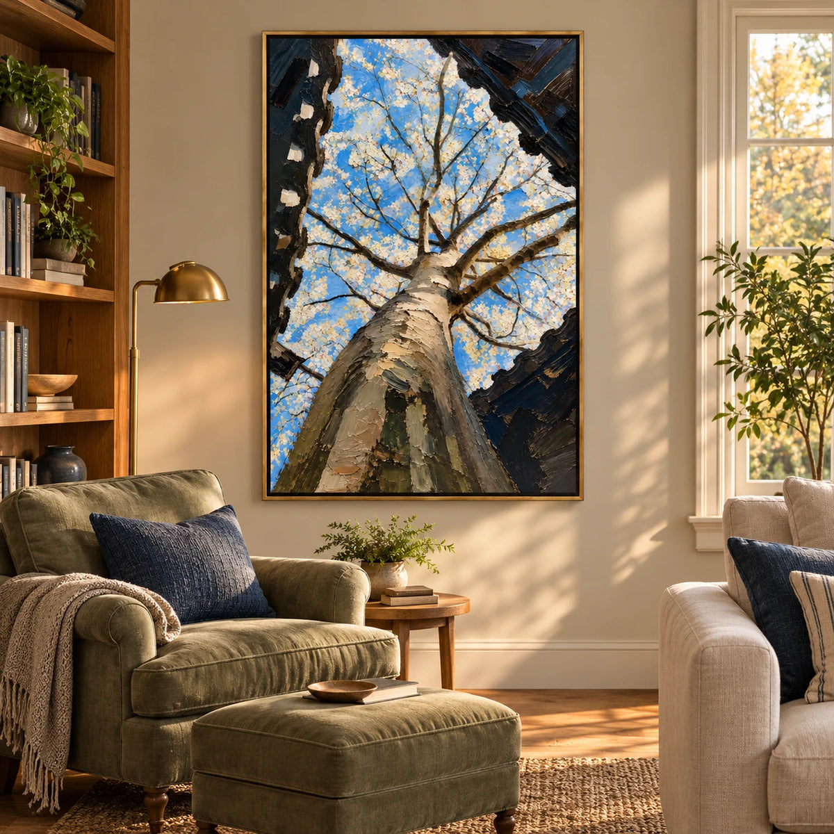 White Blossom Tree from Below Oil Painting | Blue Sky and Dark Branches Textured Botanical Vertical Wall Art #OA 1656