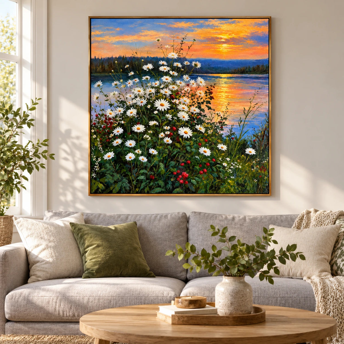 White Daisies by Sunset Lake Oil Painting | Orange Sky Blue Water and Wildflower Meadow Square Landscape Wall Art #OA 1718
