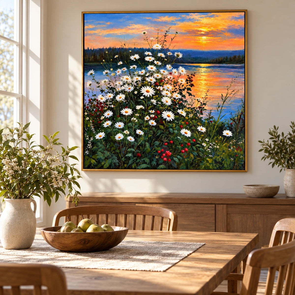 White Daisies by Sunset Lake Oil Painting | Orange Sky Blue Water and Wildflower Meadow Square Landscape Wall Art #OA 1718